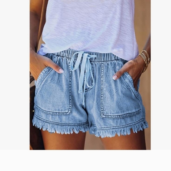 Women's Denim Drawstring Shorts Frayed Raw Hem Ruffle High Waist with Pockets - Picture 3 of 9